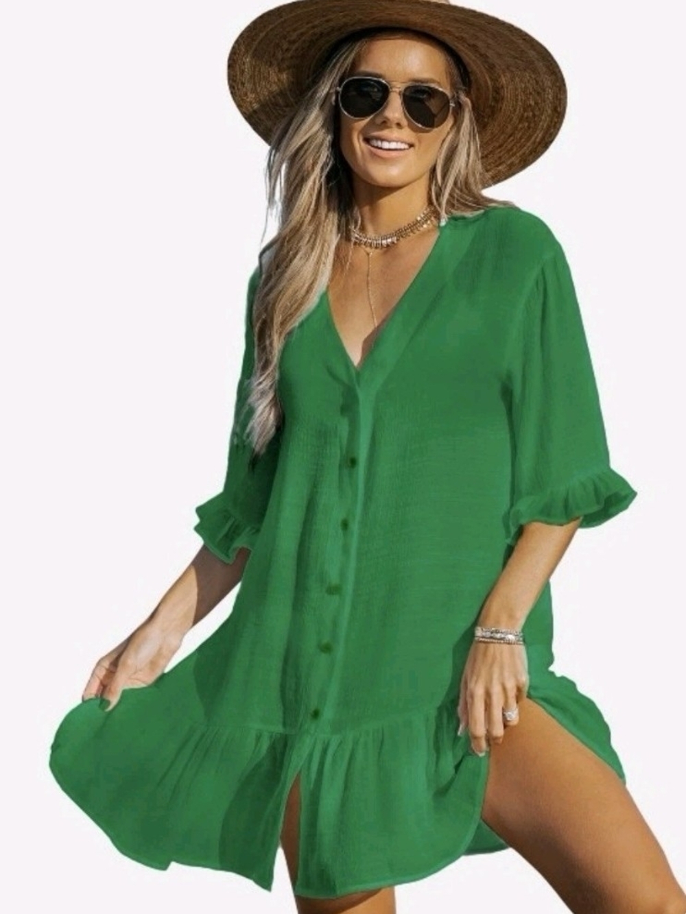 0176 CUPSHE Women's V Neck Ruffled Cover Up Button Down Bathing Suit Beach